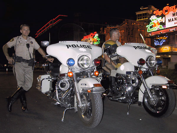 Twee Amerikaanse politieagenten naast hun Harleys